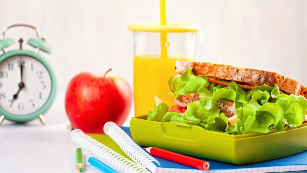 Healthy school lunch box with sandwich, apple and juice on white table.