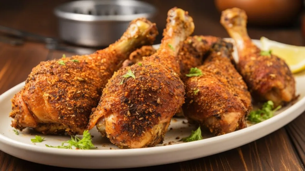chicken drumsticks with seasoning rub on a dish,