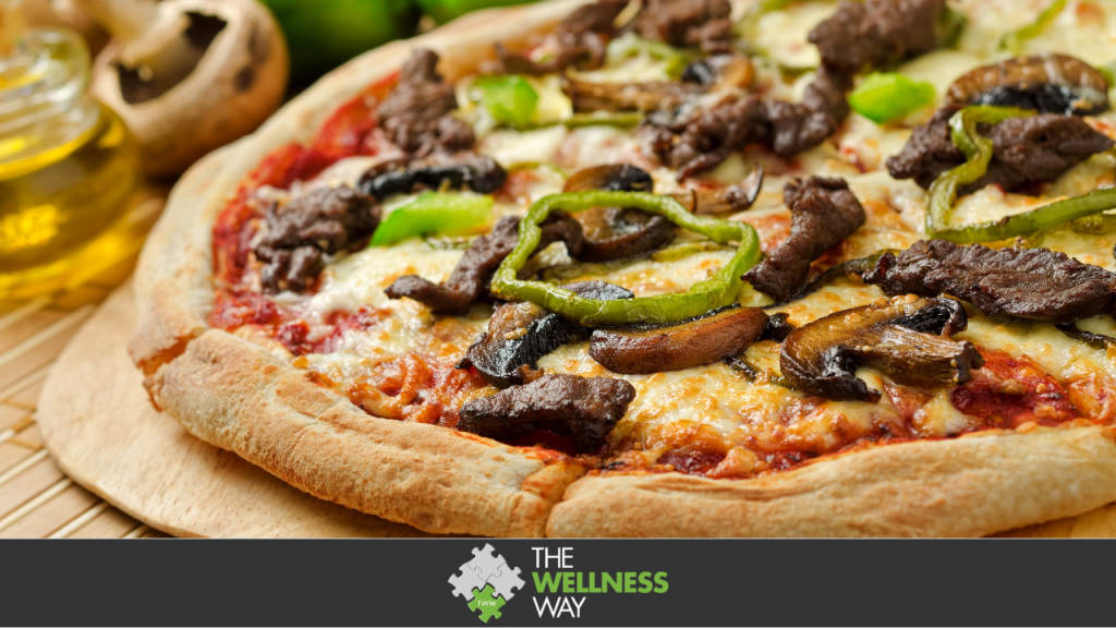 A delicious steak and mushroom pizza with green peppers and olive oil and quinoa pizza crust
