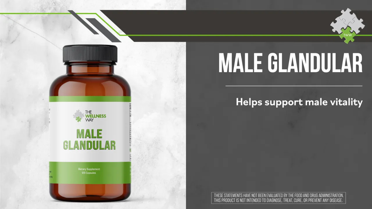 A bottle of The Wellness Way Male Glandular Supplement