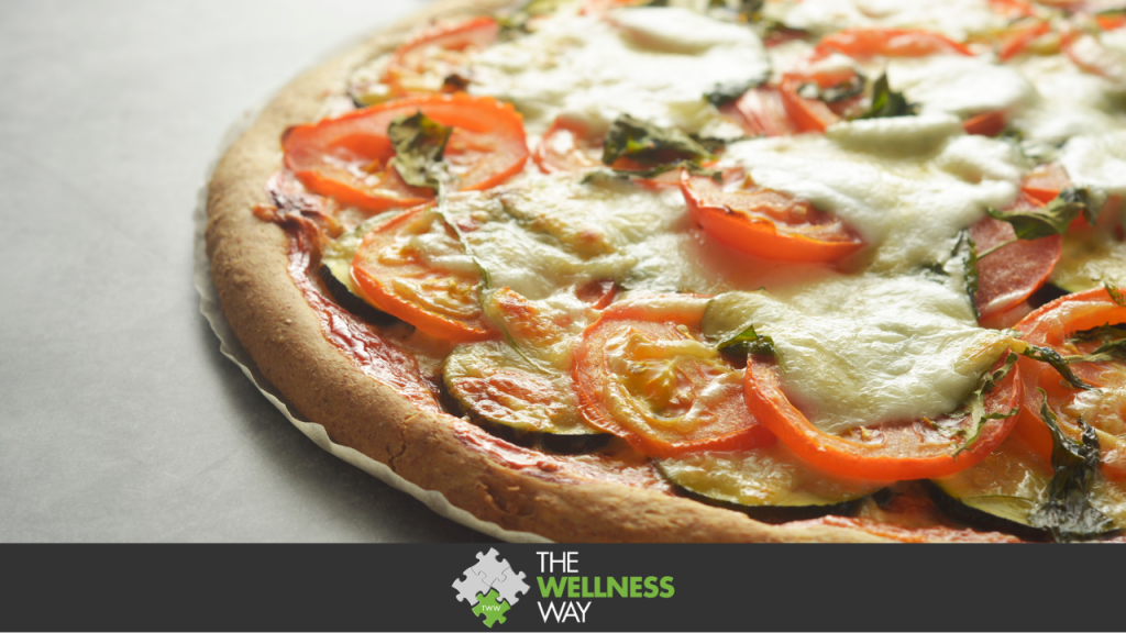 Gluten-free vegetarian pizza with zucchini, tomatoes and mozzarella cheese. healthy, dietical pizza