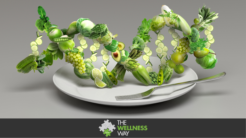 DNA made from green vegetables on a plate with a fork