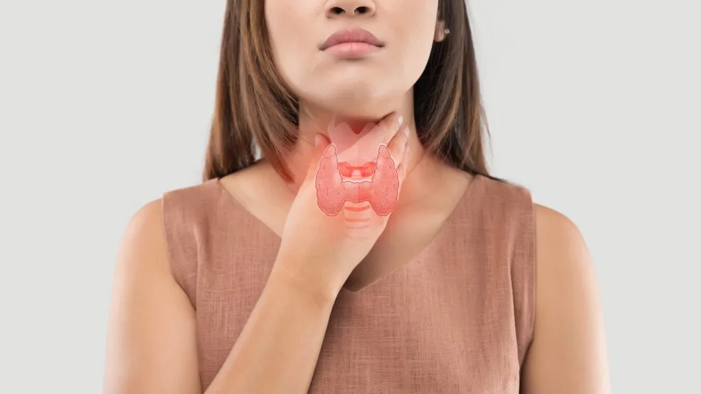 Asian girl holding throat with thyroid image on top
