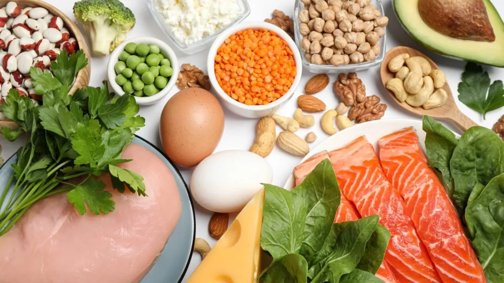 Protein-rich foods: salmon, eggs, chicken, cheese, lentils, chickpeas, nuts