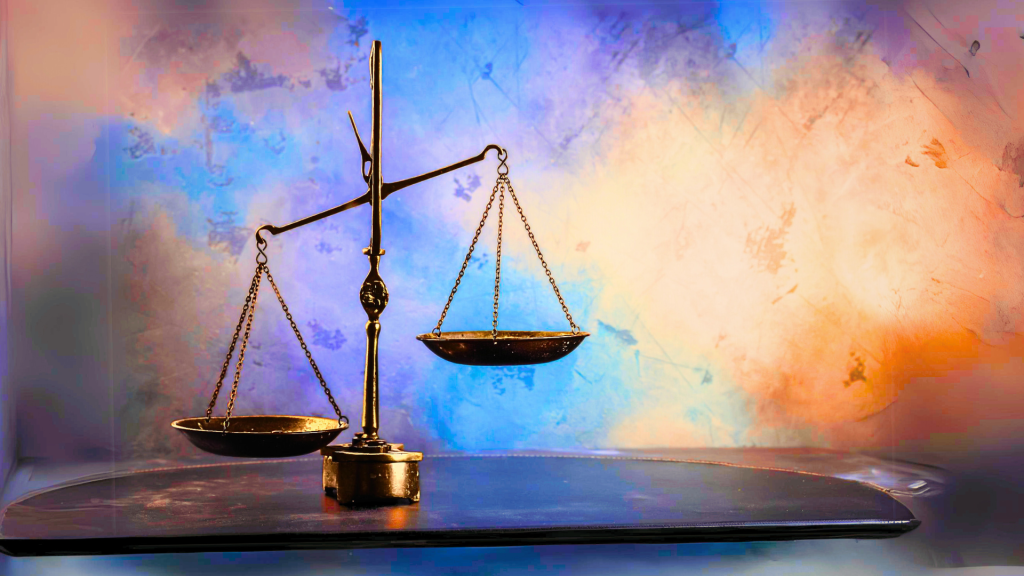 Scales on a table with colorful background. Imbalanced scales
